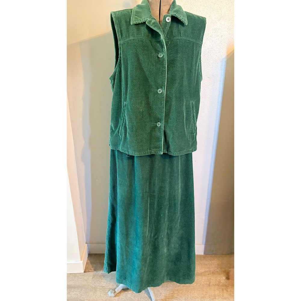 Vintage Nordstrom Green Corduroy 2 Piece Set Vest and Maxi Skirt 100% Cotton